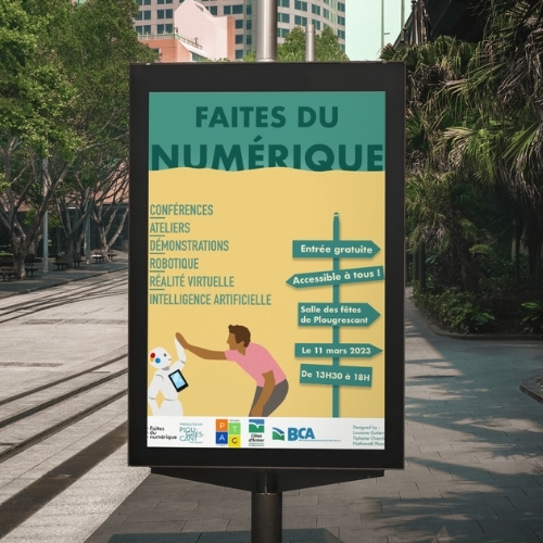 Affiche publicitaire pour un événement 'Faites du numérique' avec conférences, ateliers, robotique, réalité virtuelle, intelligence artificielle.